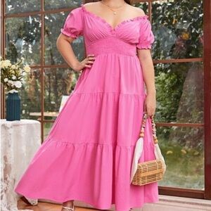Plus Size Pink Off the Shoulder Tiered Dress